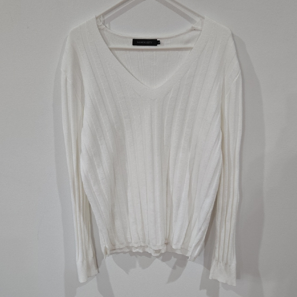 Merokeety Sz Large V Neck Ribbed Long Sleeve Knit Sweater